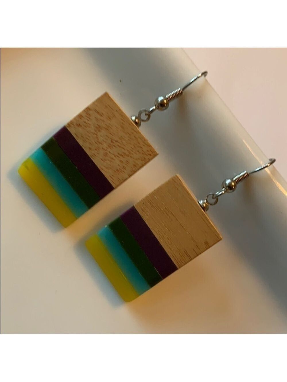 Boho unique chunky neutral wood and resin dangle earrings - Picture 1 of 6